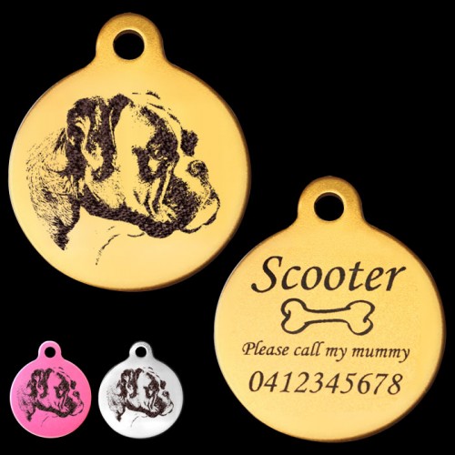 Boxer Natural Ear Engraved 31mm Large Round Pet Dog ID Tag